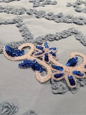 Blue & White Sequin Floral Beaded Lace Appliqué Trim | 6” Embellishment